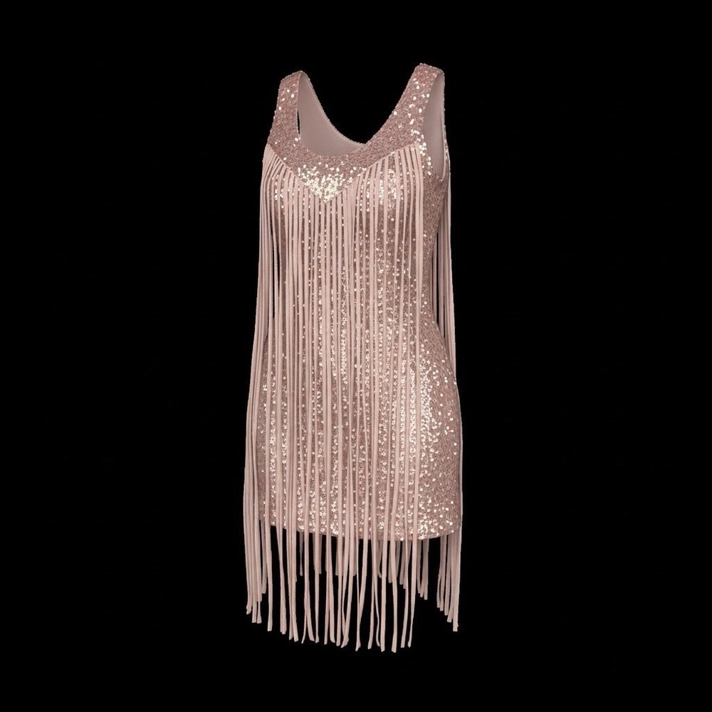 Dance & Marvel Sequin Fringe Mini Dress Small Rose Gold Boho Hippie Dance‎ Y2K